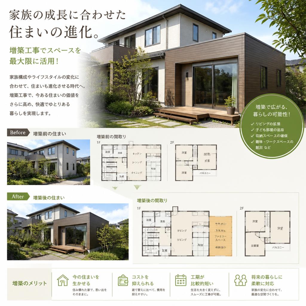 家族の成長に合わせた住まいの進化。増築工事でスペースを最大限に活用！